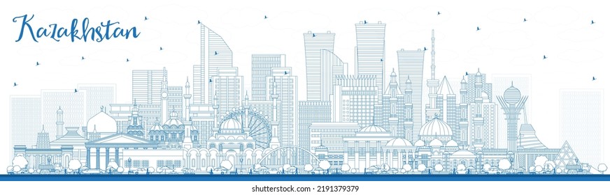 Outline Kazakhstan City Skyline with Blue Buildings. Vector Illustration. Concept with Modern Architecture. Kazakhstan Cityscape with Landmarks. Nur-Sultan and Almaty. - Shutterstock ID 2191379379