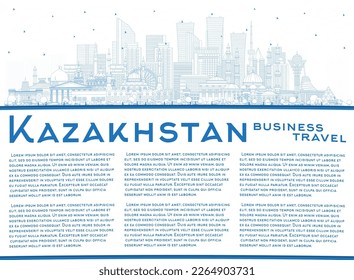 Esbozar el horizonte de la ciudad de Kazajistán con edificios azules y espacio para copiar. Ilustración vectorial. Concepto con arquitectura moderna. El paisaje urbano de Kazajistán con puntos de referencia. Nur-Sultan y Almaty.