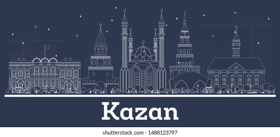 Outline Kazan Russia City Skyline with White Buildings. Vector Illustration. Business Travel and Concept with Historic Architecture. Kazan Cityscape with Landmarks. 