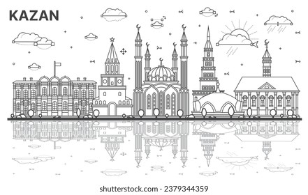 Outline Kazan Russia city skyline with historic buildings and reflections isolated on white. Vector illustration. Kazan cityscape with landmarks.