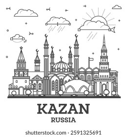 Outline Kazan Russia city skyline with modern and historic buildings isolated on white. Vector illustration. Kazan cityscape with landmarks.