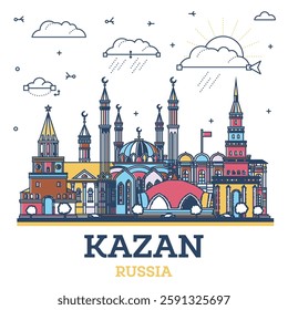 Outline Kazan Russia city skyline with colored modern and historic buildings isolated on white. Vector illustration. Kazan cityscape with landmarks.