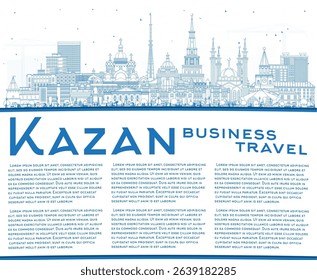 Outline Kazan Russia city skyline with blue buildings and copy space. Vector illustration. Kazan cityscape with landmarks. Travel and tourism concept with modern and historic architecture.