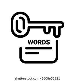 Outline key icon over text box labeled WORDS keyword research concept clearl