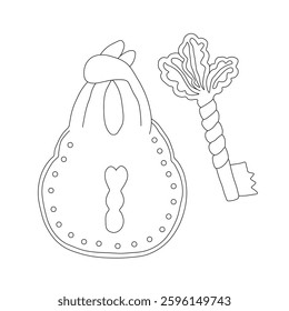 Outline of key and lock with a shackle in the shape of hare ears. Vector illustration on a white background