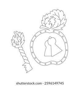 Contorno de chave e fechadura na forma de uma maçã com folhas. Ilustração vetorial sobre fundo branco