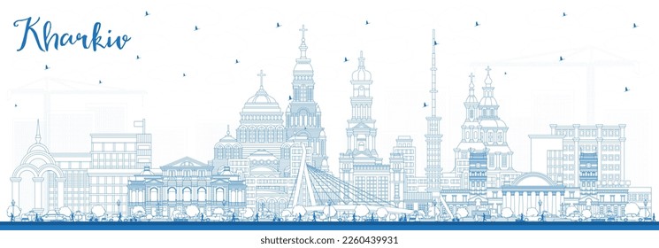 Esbozar el horizonte de Kharkiv Ucrania con edificios azules. Ilustración vectorial. Paisaje urbano de Kharkiv con monumentos. Concepto de viajes de negocios y turismo con arquitectura histórica.