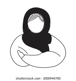 Outline kids girls with hijab isolated on white background. 