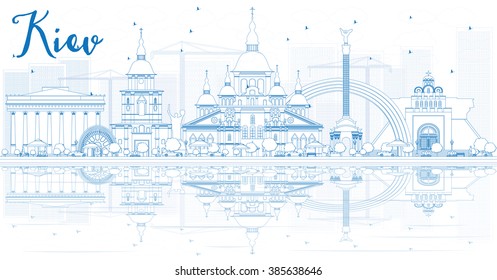 Outline Kiev skyline with blue buildings and reflections. Vector illustration. Business travel and tourism concept with place for text. Image for presentation, banner, placard and web site.