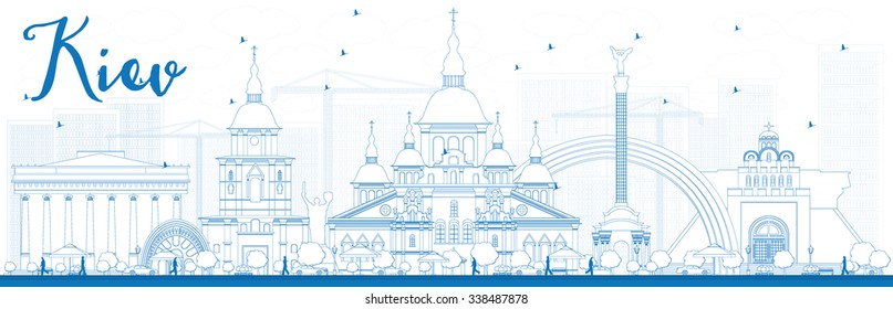 Outline Kiev skyline with blue landmarks. Vector illustration. Business travel and tourism concept with historic buildings. Image for presentation, banner, placard and web site.