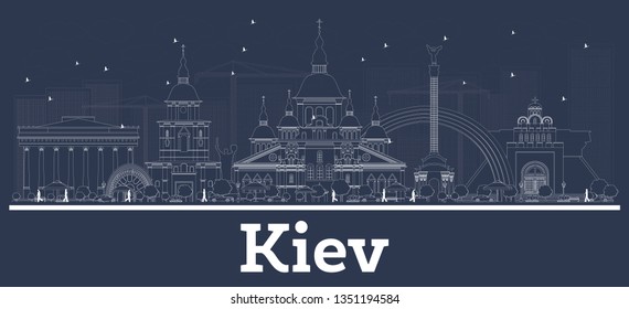 Outline Kiev Ukraine City Skyline With White Buildings. Vector Illustration. Business Travel And Concept With Modern Architecture. Kiev Cityscape With Landmarks. 