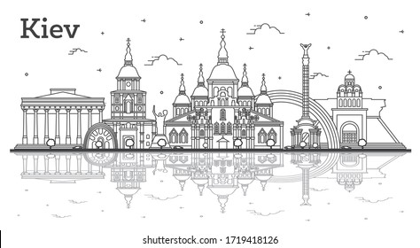 Outline Kiev Ukraine City Skyline with Historic Buildings and Reflections Isolated on White. Vector illustration. Kiev Cityscape with Landmarks.