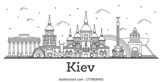 Outline Kiev Ukraine City Skyline with Historic Buildings Isolated on White. Vector illustration. Kiev Cityscape with Landmarks.