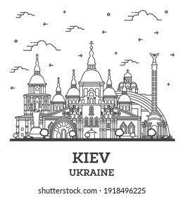 Outline Kiev Ukraine City Skyline with Historic Buildings Isolated on White. Vector illustration. Kiev Cityscape with Landmarks.