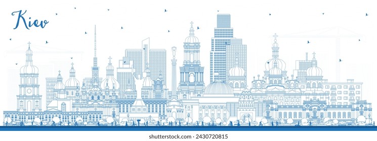 Outline Kiev Ukraine city skyline with blue buildings. Vector illustration. Kyiv cityscape with landmarks. Business travel and tourism concept with historic architecture.