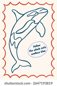 Outline killer whale vector illustration. Minimalist retro sea poster design with ocean animal in whimsical frame
