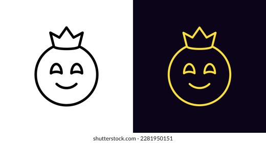Outline king emoji icon, with editable stroke. Royal emoticon with crown, smiling king face pictogram. Royal cute smile, kind kingdom, joy empire, king crown, nice emoticon emperor. Vector icon