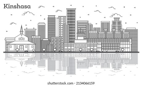 Outline Kinshasa Congo City Skyline With Modern Buildings And Reflections Isolated On White. Vector Illustration. Kinshasa Africa Cityscape With Landmarks.