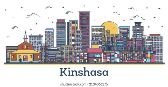 Outline Kinshasa Congo City Skyline With Modern Colored Buildings Isolated On White. Vector Illustration. Kinshasa Africa Cityscape With Landmarks.