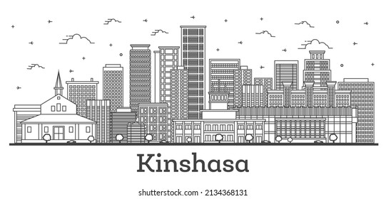 Outline Kinshasa Congo City Skyline With Modern And Historic Buildings Isolated On White. Vector Illustration. Kinshasa Africa Cityscape With Landmarks.