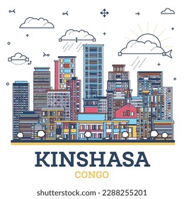 Outline Kinshasa Congo City Skyline with Modern Colored Buildings Isolated on White. Vector Illustration. Kinshasa Africa Cityscape with Landmarks.