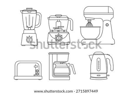 Outline kitchen appliance icons including blender, mixer, oven, microwave, cookware and utensils. Clean line style for UI, apps, web, and infographic design.