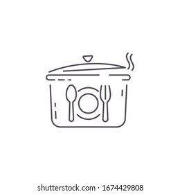 Outline kitchen pan icon with a plate, spoon and fork shape element. Editable stroke line for motion graphics in vector illustration.