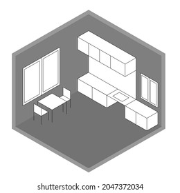 Outline of kitchen room with windows, table, chairs, sink, and counter. Isometric design.