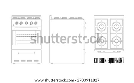 Outline kitchen stove front, side and top views. Contour electric oven blueprint. Domestic gas equipment. Cooking appliance drawing. Vector illustration