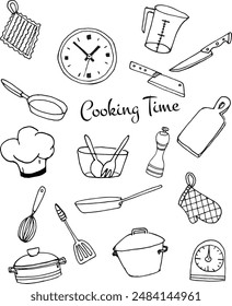 outline kitchen tools doodle style illustration