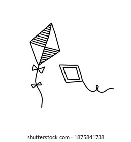 Outline kites icon, doodle, black and white illustration. Vector Stock illustration.