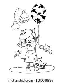 outline kitten girl costume with bats and balloons