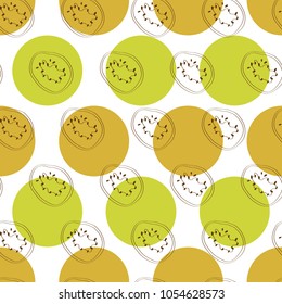 Outline kiwi pattern with bullets background. A playful, modern, and flexible pattern for brand who has cute and fun style. Repeated pattern. Doodle kiwi mix with polka background give a cheerful mood