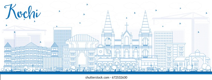 Outline Kochi Skyline with Blue Buildings. Vector Illustration. Business Travel and Tourism Concept with Historic Architecture. Image for Presentation Banner Placard and Web Site.