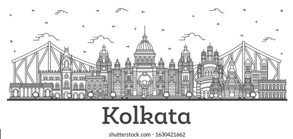 Outline Kolkata India City Skyline with Historic Buildings Isolated on White. Vector Illustration. Kolkata Cityscape with Landmarks.