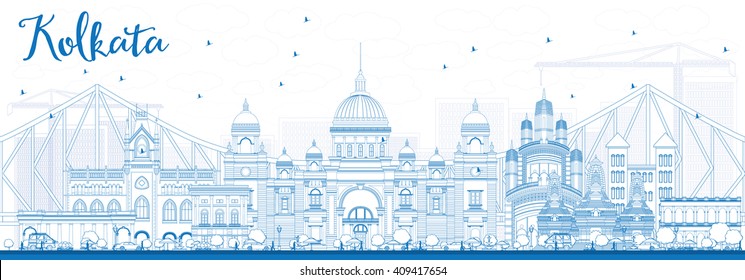 Outline Kolkata Skyline with Blue Landmarks. Vector Illustration. Business Travel and Tourism Concept with Historic Buildings. Image for Presentation Banner Placard and Web Site.