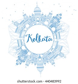 Outline Kolkata Skyline with Blue Landmarks and Copy Space. Vector Illustration. Business Travel and Tourism Concept with Historic Buildings. Image for Presentation Banner Placard and Web Site.