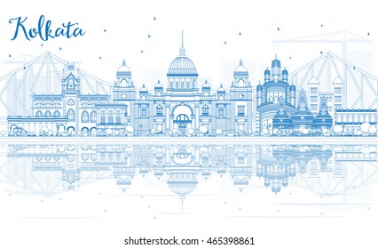 Outline Kolkata Skyline with Blue Landmarks and Reflections. Vector Illustration. Business Travel and Tourism Concept with Historic Buildings. Image for Presentation Banner Placard and Web Site.