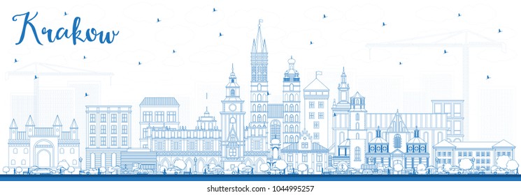 Outline Krakow Poland City Skyline with Blue Buildings. Vector Illustration. Business Travel and Tourism Concept with Historic Architecture. Krakow Cityscape with Landmarks.