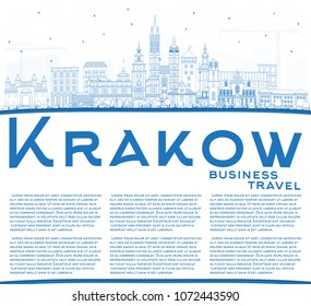Outline Krakow Poland City Skyline with Blue Buildings and Copy Space. Vector Illustration. Business Travel and Tourism Concept with Historic Architecture. Krakow Cityscape with Landmarks.