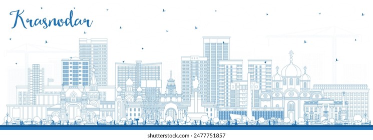 Outline Krasnodar Russia city skyline with blue buildings. Vector illustration. Krasnodar cityscape with landmarks. Business travel and tourism concept with modern and historic architecture.