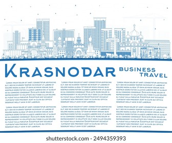 Outline Krasnodar Russia city skyline with blue buildings and copy space. Vector illustration. Krasnodar cityscape with landmarks. Business and tourism concept with modern and historic architecture.