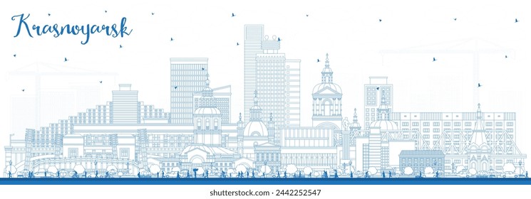 Outline Krasnoyarsk Russia city skyline with blue buildings. Vector illustration. Krasnoyarsk cityscape with landmarks. Business travel and tourism concept with modern and historic architecture.