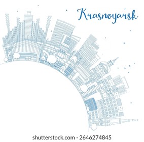 Outline Krasnoyarsk Russia city skyline with blue buildings and copy space. Vector illustration. Krasnoyarsk cityscape with landmarks. Tourism concept with modern and historic architecture.