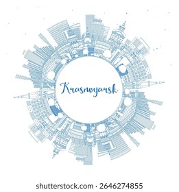 Outline Krasnoyarsk Russia city skyline with blue buildings and copy space. Vector illustration. Krasnoyarsk cityscape with landmarks. Tourism concept with modern and historic architecture.