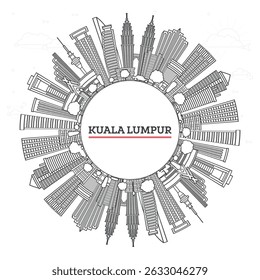 Outline Kuala Lumpur Malaysia City Skyline with Modern Buildings and copy space Isolated on White. Vector Illustration. Kuala Lumpur Cityscape with Landmarks.