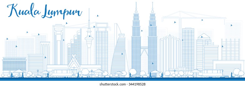 Outline Kuala Lumpur Skyline with Blue Buildings. Vector illustration. Business travel and tourism concept with modern buildings. Image for presentation, banner, placard and web site.