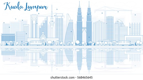 Outline Kuala Lumpur Skyline with Blue Buildings and Reflections. Vector illustration. Business travel and tourism concept with place for text. Image for presentation, banner, placard and web site.