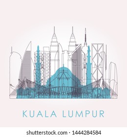 Outline Kuala Lumpur skyline with landmarks. Vector illustration. Business travel and tourism concept with historic buildings. Image for presentation, banner, placard and web site.