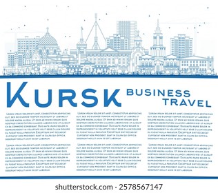 Outline Kursk Russia city skyline with blue buildings and copy space. Vector illustration. Kursk cityscape with landmarks. Business travel and tourism concept with modern and historic architecture.